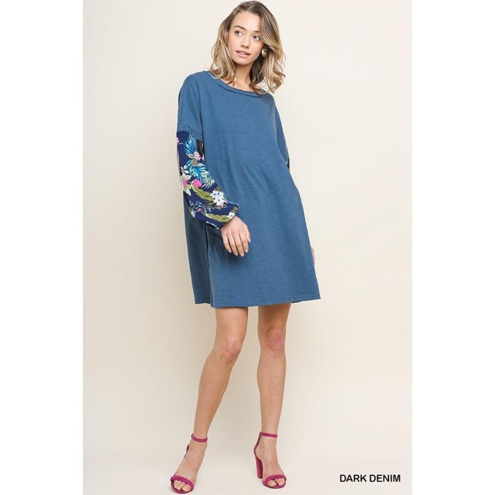 Umgee Dress Denim Striped Floral Mixed Print Large